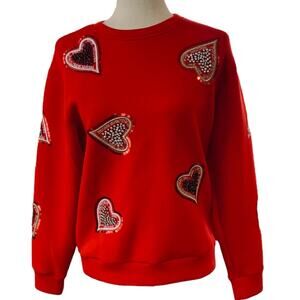 BAZ fantastic top sweater sweatshirt red with rhinestone hearts. Size large